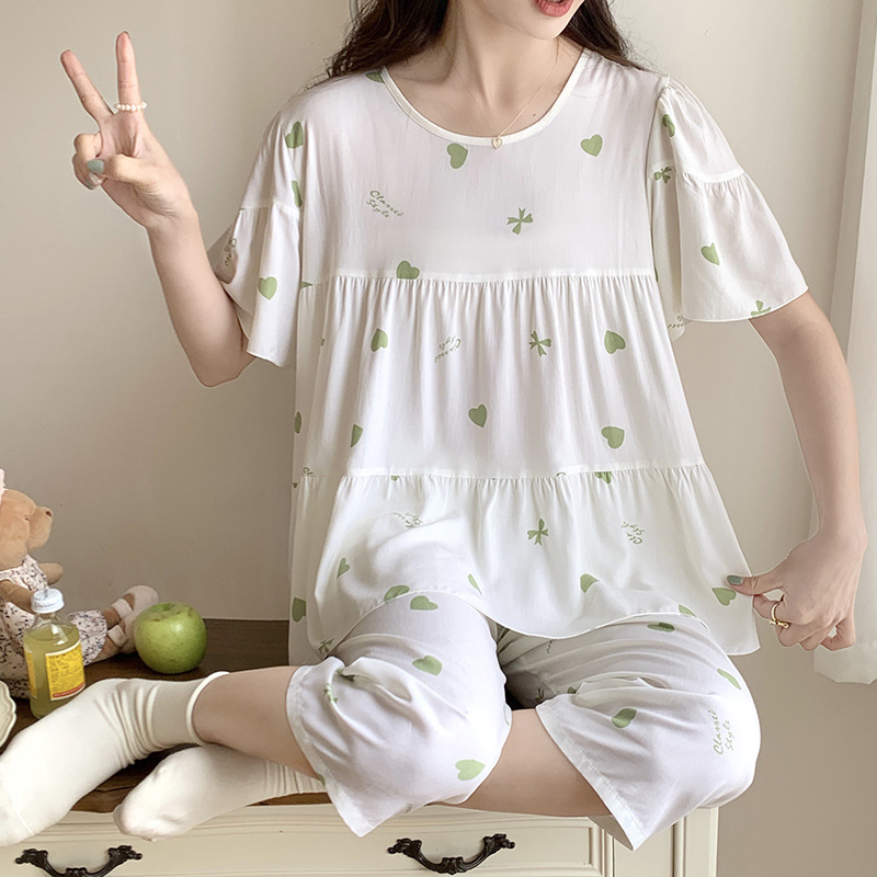 Pijamas de seda de algodón de manga corta de verano Estilo occidental de las mujeres aire acondicionado Delgado desgaste del hogar Chica japonesa dulce estudiante de algodón traje de seda