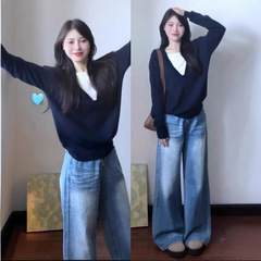 蓝色假两件针织衫上衣女2025新款早秋韩系慵懒高级感毛衣内搭打底