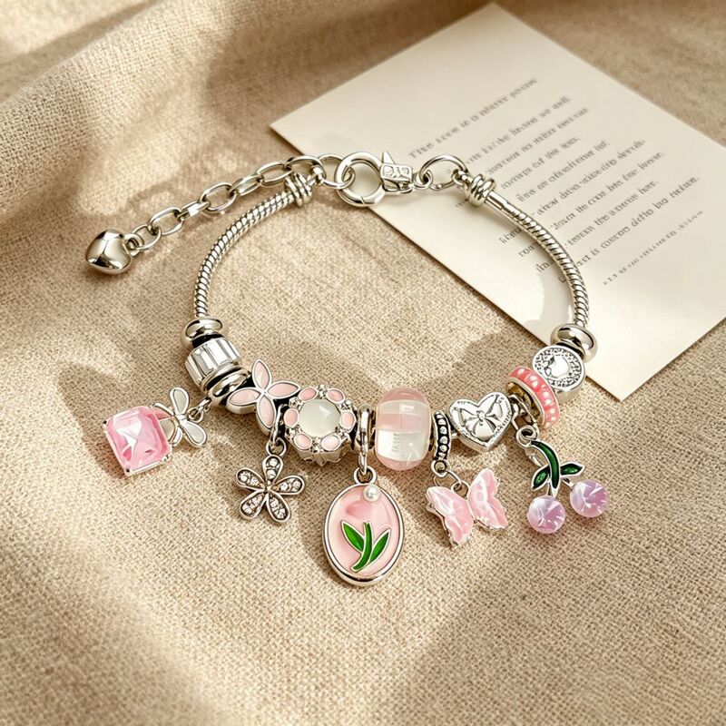 Korean-Style Pink Diamond Butterfly Tulip Beaded Bracelet for Girls, Niche Design with Cherry Charm, Similar to Pan's Style Jewelry