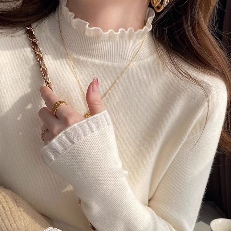 Design-Sense Lace Half-High Collar Stitching Cashmere Knitted Sweater Women's Autumn Elegant Knocking Gentle Sweater