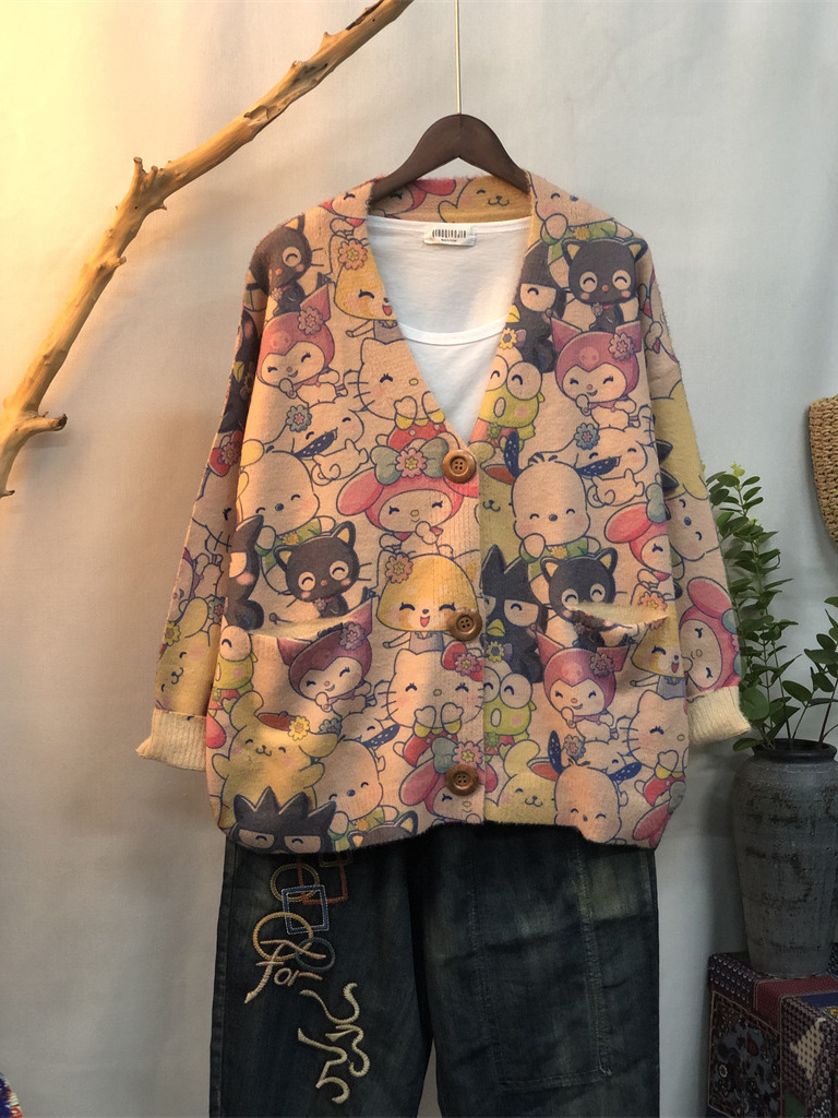 Mink Velvet Knitted Sweater for Women 2025 Autumn and Winter New Style Cartoon Bunny Printing and Dyeing Loose V Neck Cardigan Versatile Women's Style