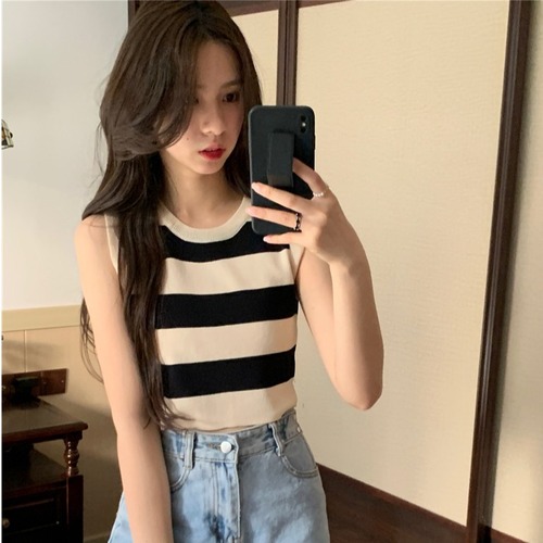 Knitted striped camisole women's  summer outer wear and inner wear sweet hot girl short sleeveless student top