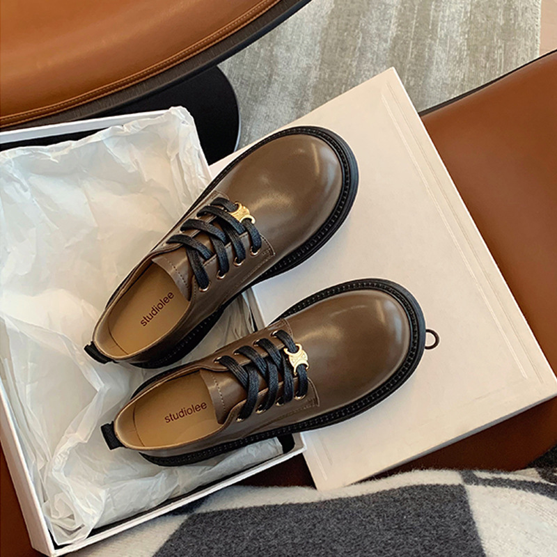 2023 primavera nuevos mocasines de cuero genuino estilo preppy japonés con cordones de metal punta redonda fondo grueso tacón grueso zapatos de cuero para mujeres