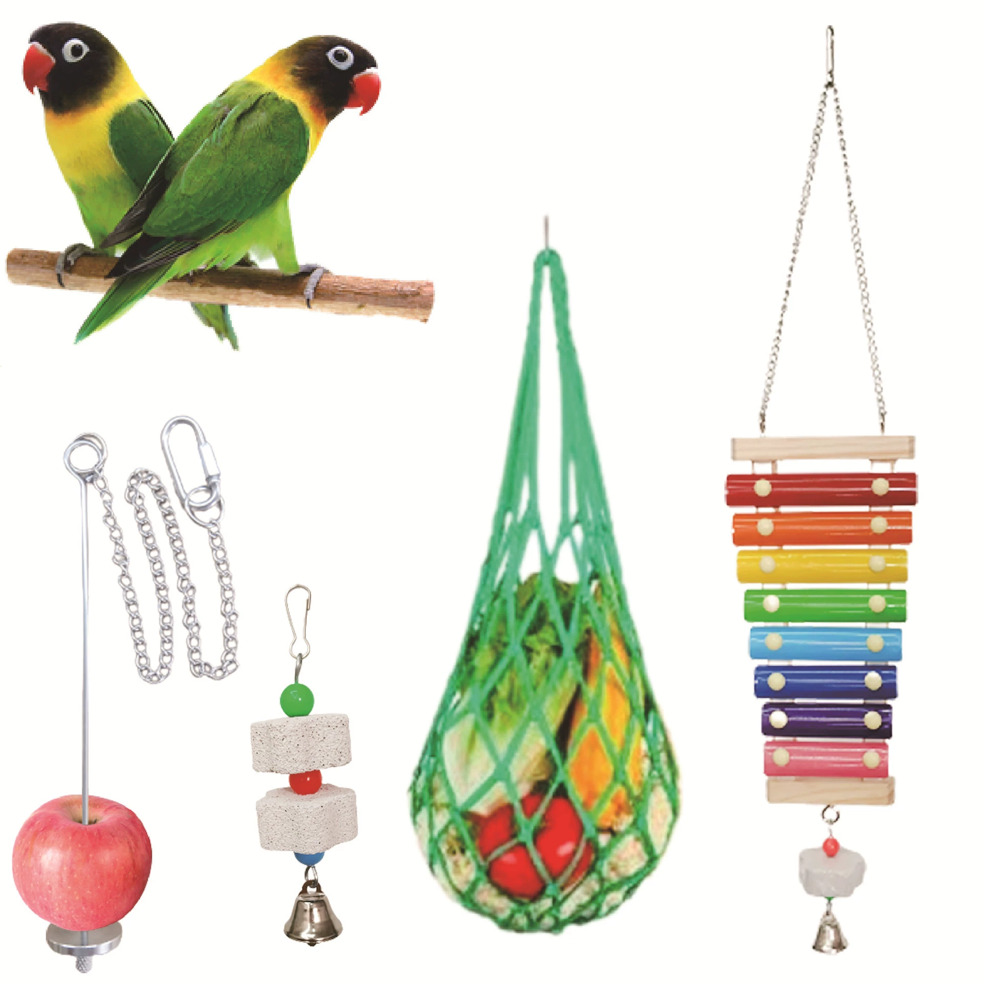 Стук по блоку ключей Игрушка Пемза Колокол Кальций Тканая сетка Сумка Вилка для фруктов Инструмент для кормления Укус Попугай Птица