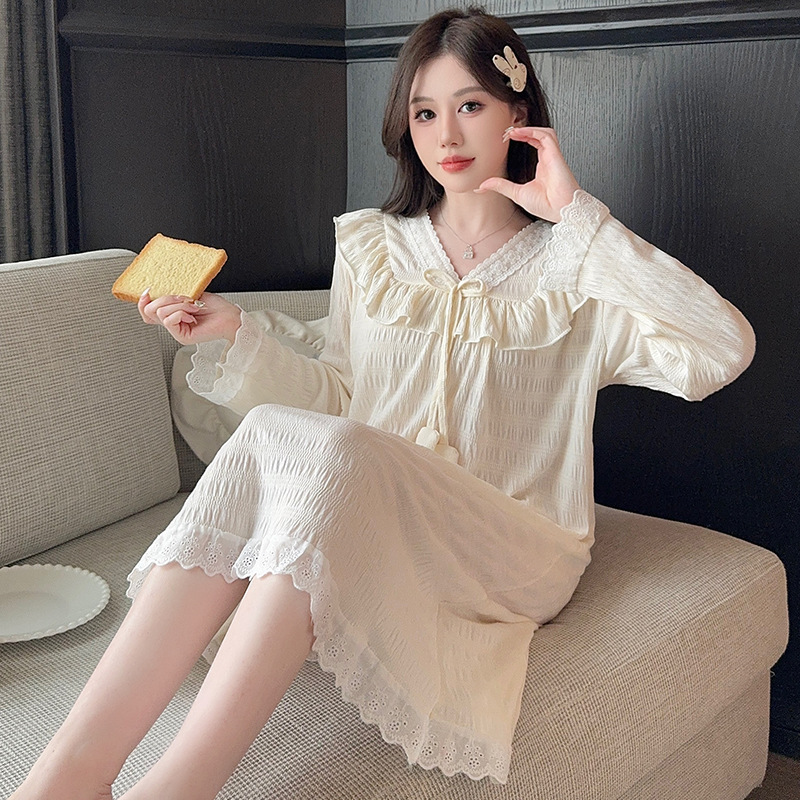 Lace Palace-Style 6535 Cotton Nightgown Long-Sleeve Spring and Autumn Long Dress Sleepwear Vintage Princess Pure Desire Style Nightgown Plus Size