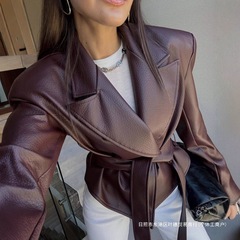 欧美跨境独立站外贸秋冬新款女装帅气潮流机车酷绑带气质皮衣外套