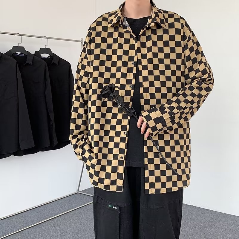 Men's Summer Elastic Thin Trendy Brand Ins Personality Checkerboard Pattern Jacket Cool Long Sleeve Plaid Shirt_viptrois.com