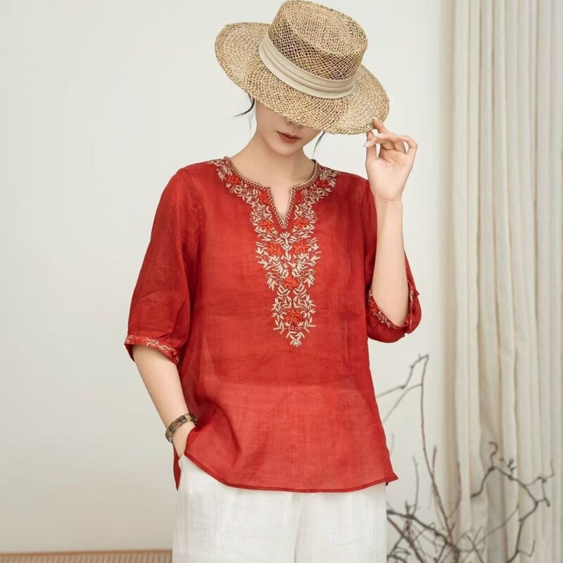 Ethnic Cotton and Linen Embroidered V-Neck Top, New 2026 Vintage Loose Chinese-Style Button-Up Summer Artistic Blouse Ethnic Cotton and Linen Embroidered V-Neck Top, New 2026 Vintage Loose Chinese-Style Button-Up Summer Artistic Blouse