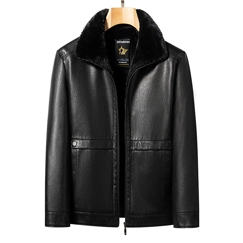 Новое зимнее мужское меховое кожаное пальто, Мужская утолщенная кожаная куртка с лацканами на флисовой подкладке, повседневная куртка для папы