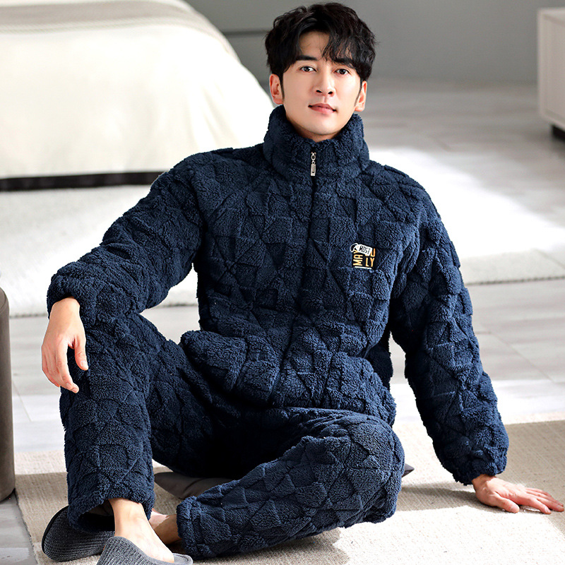 Pijama de hombre invierno de lana de coral tres capas de algodón intercalado grueso y chaqueta de lana de algodón calentamiento conjunto de ropa para el hogar de franela