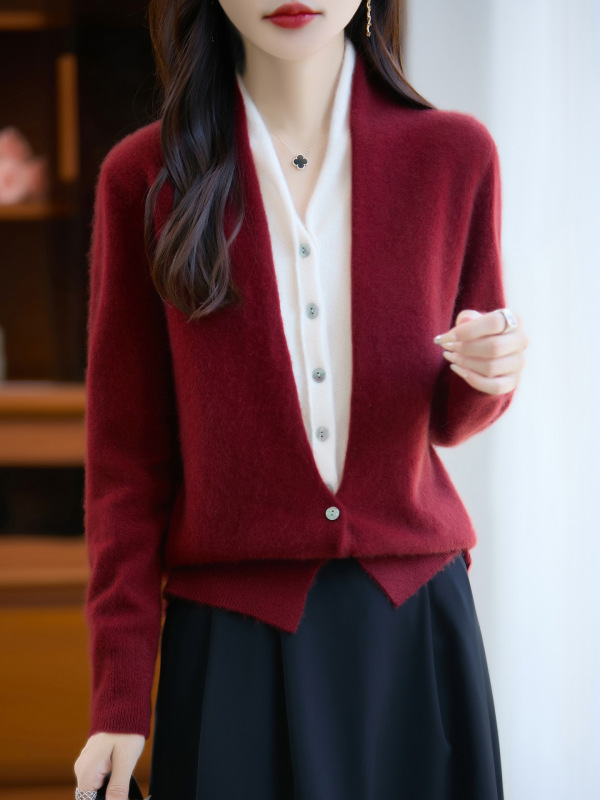 100%纯羊毛假两件开衫女新款V领拼接外套宽松百搭针织外搭上衣|undefined
