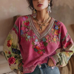 欧美亚马逊独立站女式 花卉刺绣 印花V领上衣长袖