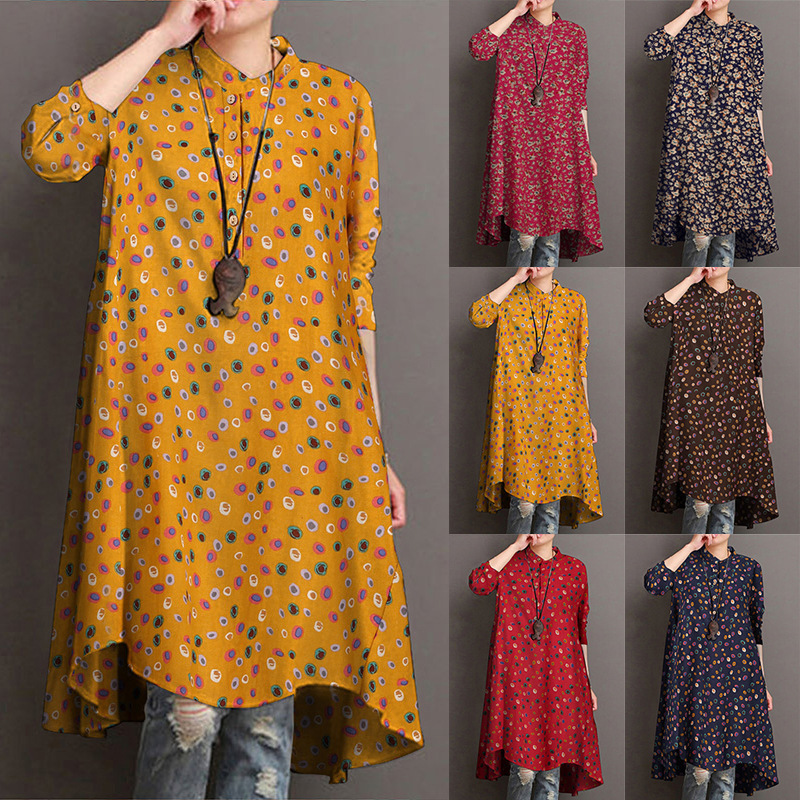 2023 Cross-Border Amazon Women's Long Sleeve Printed Top Kart Shirt Dress High and Low Hem Shirt