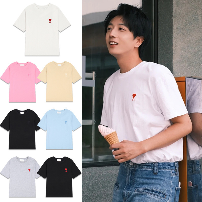 Ami Short-Sleeve Summer T-Shirt with Small Heart Embroidery, Classic Style, Trendy Brand, Loose Fit, Unisex, Crew Neck, Half-Sleeve Top
