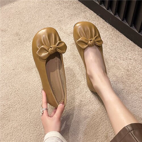 2025 Summer New Butterfly Knot Flat Sole Round Head Low Mouth Bean Bean Shoes Soft Sole Soft Face Women's Shoes Wholesale