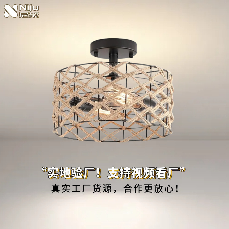 Cross-Border Simple Rural Handmade Pendant Lamp Woven Iron Art Lamp Creative Living Room Lamp Bedroom Lamp Dining Room Round Ceiling Lamp