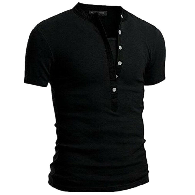T-shirt d'été à manches courtes et col montant pour homme, couleur unie, coupe slim, boutonné, en forme de V_voghion.com