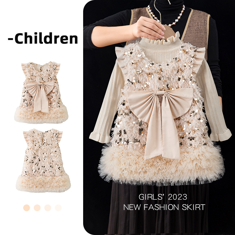 Girls' fur sequined bow vest dress autum...