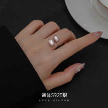 榕树下S925银三色天然双珍珠戒指女活口细款设计食指指戒温柔优雅