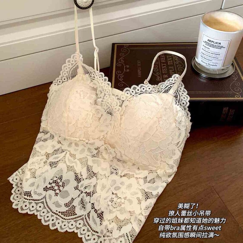 Lace French Style Small Sling Fixed Cup Thin Shoulder Strap Underwear Outer Wear Inner Lace Waist Beautiful Back Bra Summer