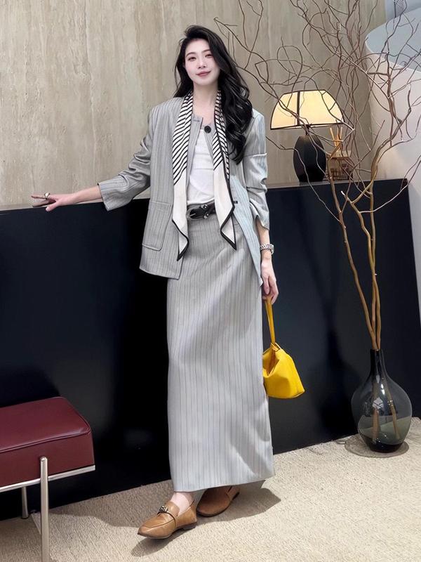 韩系气质灰色条纹西装套装女2025新款秋西服外套直筒半身裙两件套|undefined