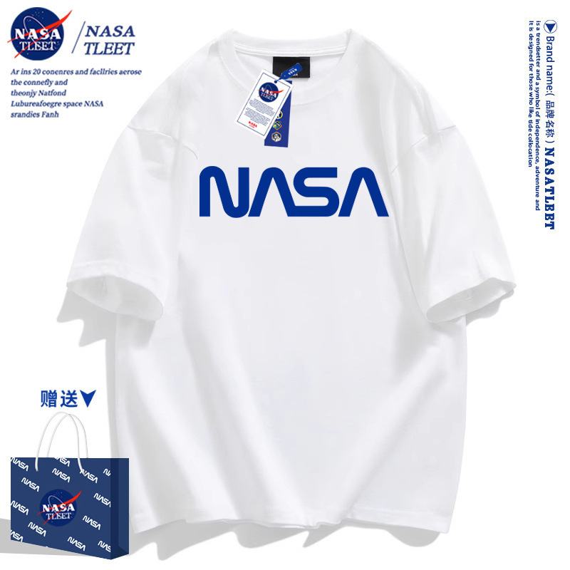 Nasa Co-Branded Heavyweight Short-Sleeved T-Shirts for Men and Women, Summer Youth Couple Wear, Pure Cotton T-Shirts, Half-Sleeved Tops, Trendy