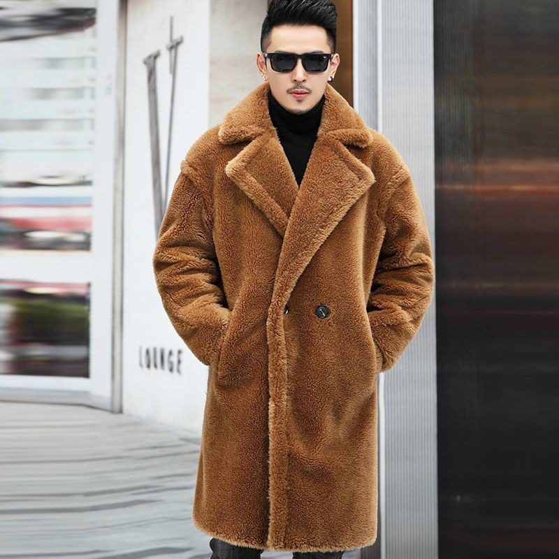 保暖冬季男士皮衣2022新款羊剪絨長款羊駝毛大衣男裝皮風衣外套