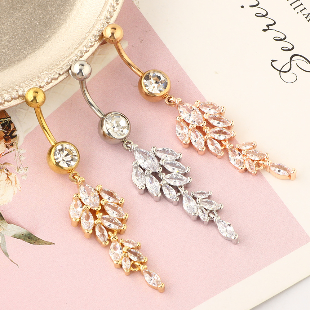 Rose Gold Diamond Leaf Navel Ring Belly Button Piercing Jewelry Stainless Steel detail image 6