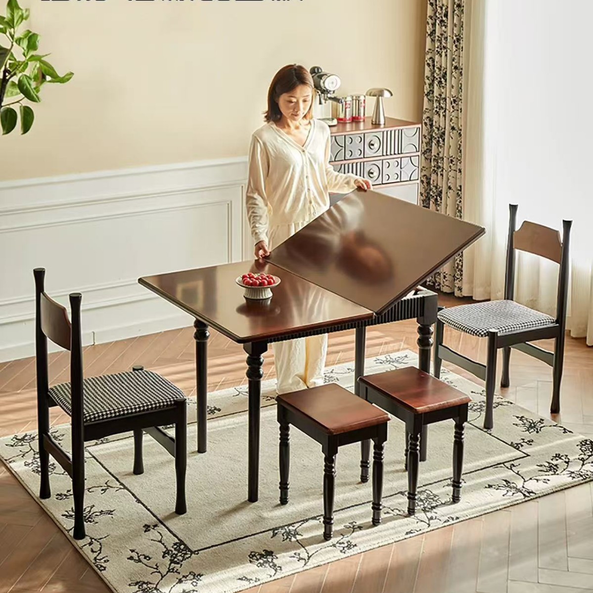 Dining Table and Chair Combination, Antique Style Dining Table, Household Variable Square Table, Dining Table, French Retro Foldable Rectangular Table