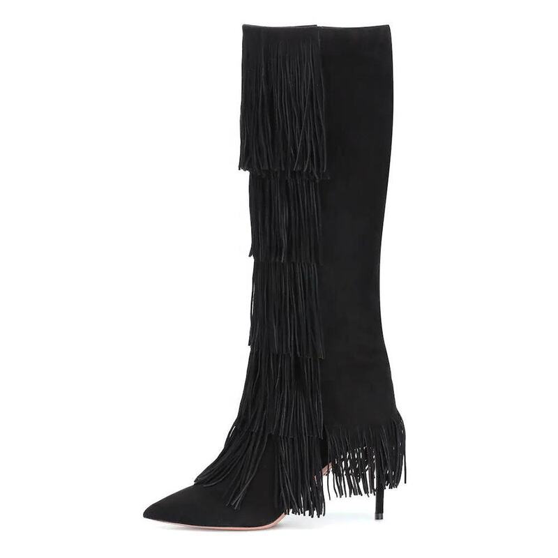 2026 New Foreign Trade Model Black Suede Pointed Toe Stiletto Heel Knee-High Women's Large Size Stylish Tassel Fashion Boots