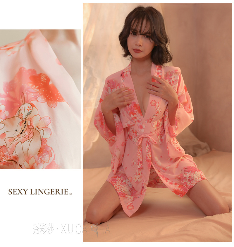 Sakura Cat Japanese Kimono Chiffon Nightgown Robe Set with Belt and Thong — detail image 10