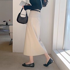 女性用フロントスリットスカート、春秋の新作ハイウエストストレートスカート、小柄なプロの膝上スーツロングスカート
