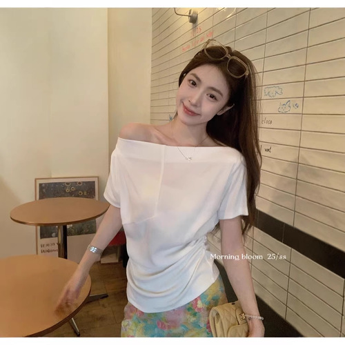 Apoem off-shoulder two-piece waist-cinching relaxed short-sleeve women's summer top for layering and slimming effect