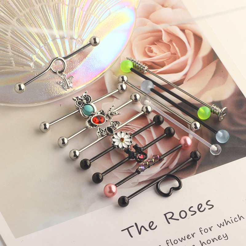 European American Trendy Ear Studs Butterfly Snake Industrial Barbell Cross Bar Ear Bone Nail Piercing Jewelry Set detail image 8