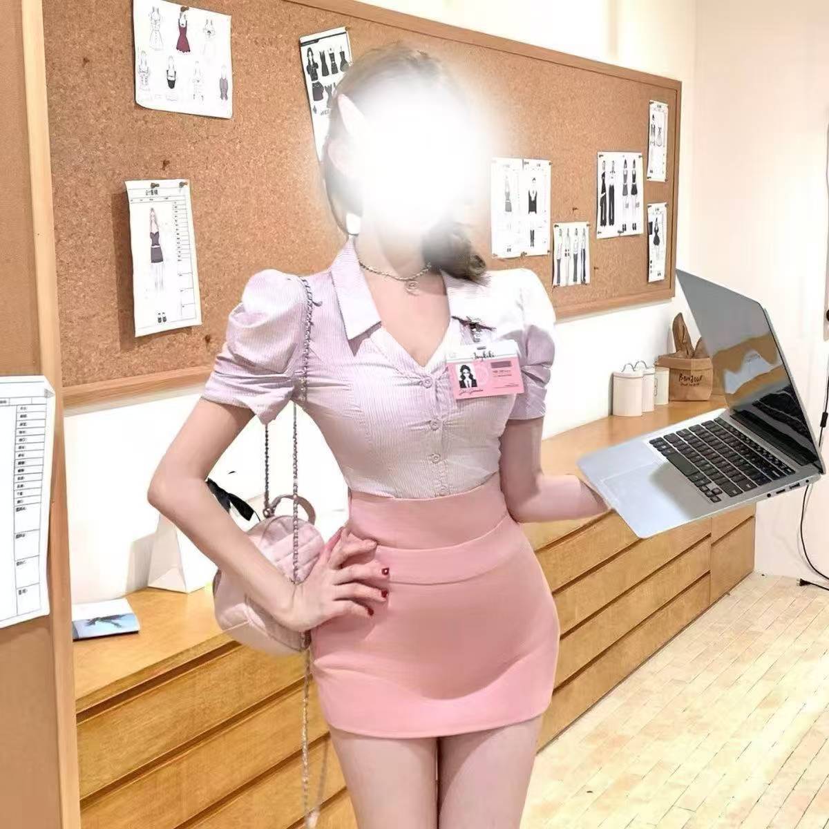 Pure Lust Sweet Roleplay Set for Women, Slim Pink Shirt and Skirt with Name Badge, One Size — detail image 2