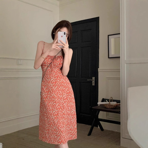 French floral bow strap sundress for women, new summer arrival, high-waisted, figure-flattering, medium-length dress, red vacation style dress
