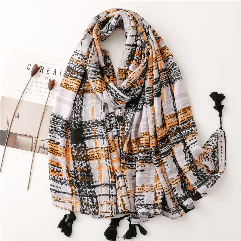 black horizontal strip handpainted line satin cotton linen beach towel shawl silk scarfpicture1