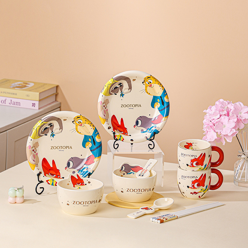 Zootopia Ceramic Bowl for Home Use, Cute Shaped Bowl, Cartoon Salad Bowl, Water Cup, Gift Box Set with Bowl, Spoon, and Chopsticks