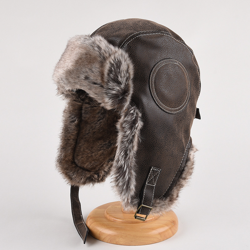 Leather Lei Feng Hat for Men and Women in Winter Thickeneded Warm Ear Protection Hat Windproof Cycling Pilot Motorcycle Hat Export