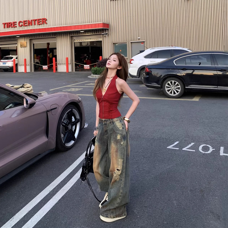 Real Shot of a Sexy Pure-Desire Tank Top with Straps, V-Neck Halter Top, and Vintage Ripped Wide-Leg Denim Pants for Women