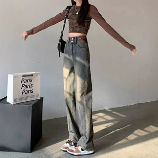 美式复古做旧牛仔裤女秋季大码胖妹妹高腰显瘦阔腿裤垂感拖地裤子