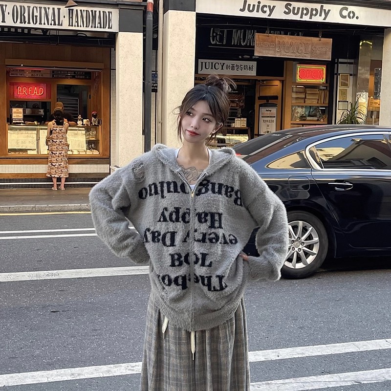 American Retro High Street Letter Distressed Hooded Knit Cardigan for Women Early Autumn New Loose Versatile Sweater Jacket