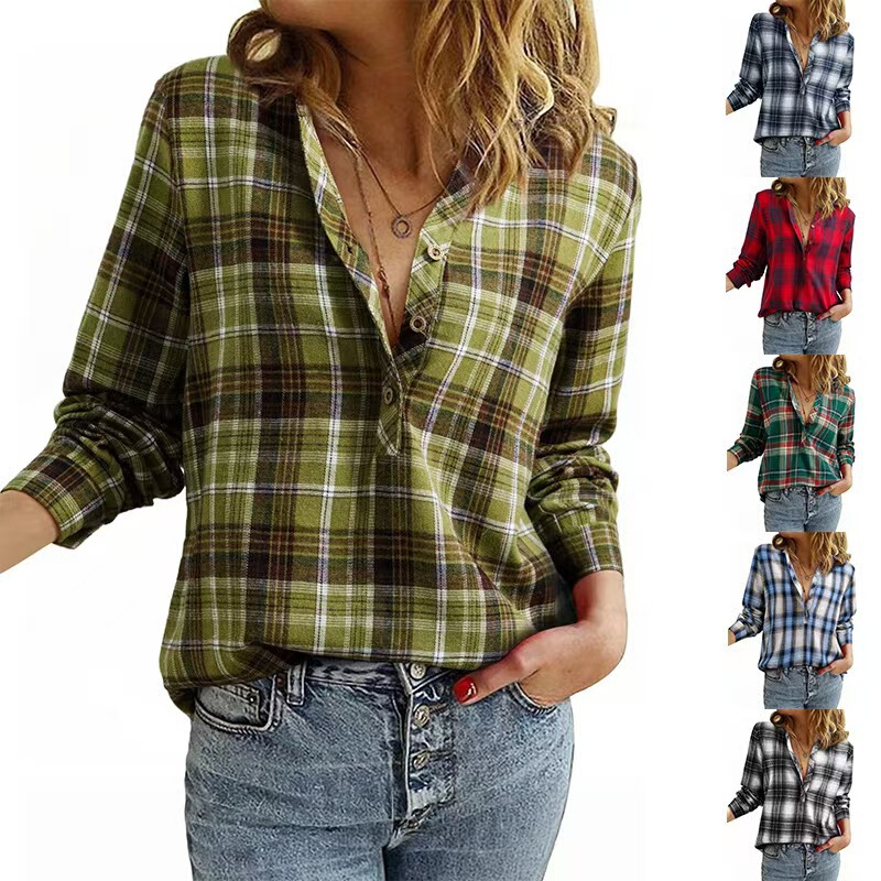 Amazon Autumn and Winter Cross-Border European and American Women's Clothing 2025 New V-Neck Plaid Shirt Fashion Casual Button-Up Shirt