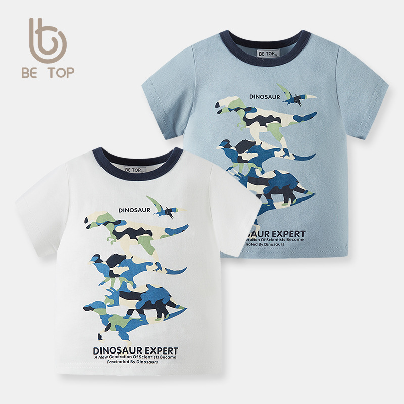 Ropa para niños verano nueva camiseta para niños manga corta dinosaurio de dibujos animados Algodón puro bebé estilo occidental media manga camisa para niños al por mayor