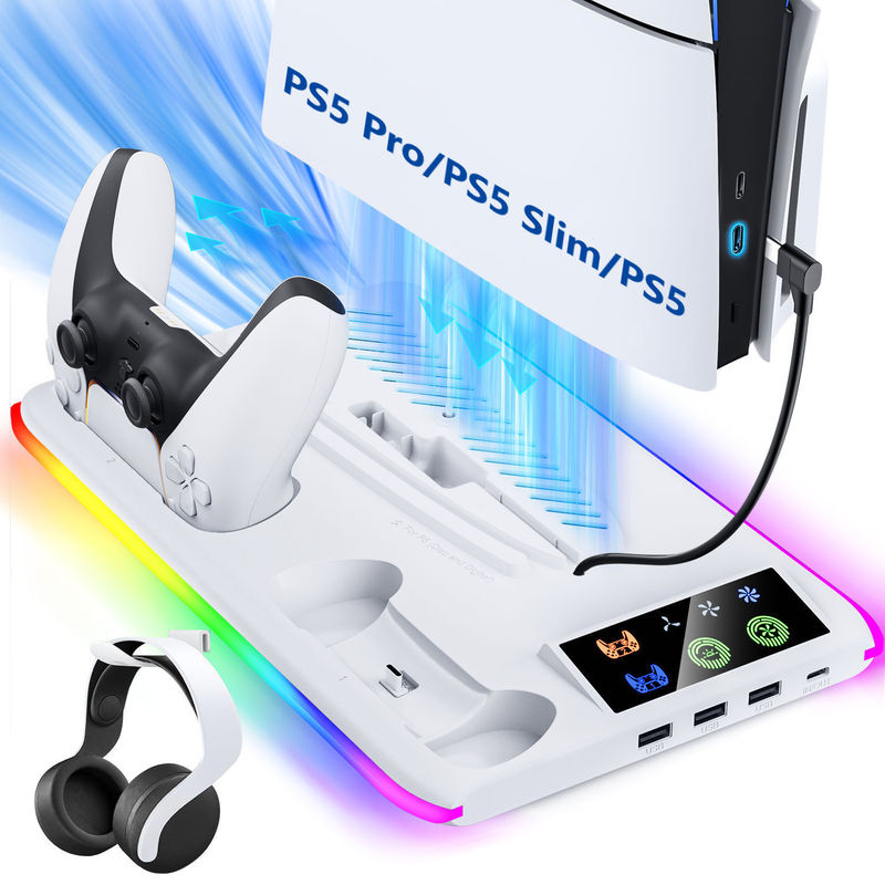Ps5/Slim/Pro Host Universal Cooling Fan Base Ps5 Handle Dual-Seat Charging Headphone Hanger with Rgb Light