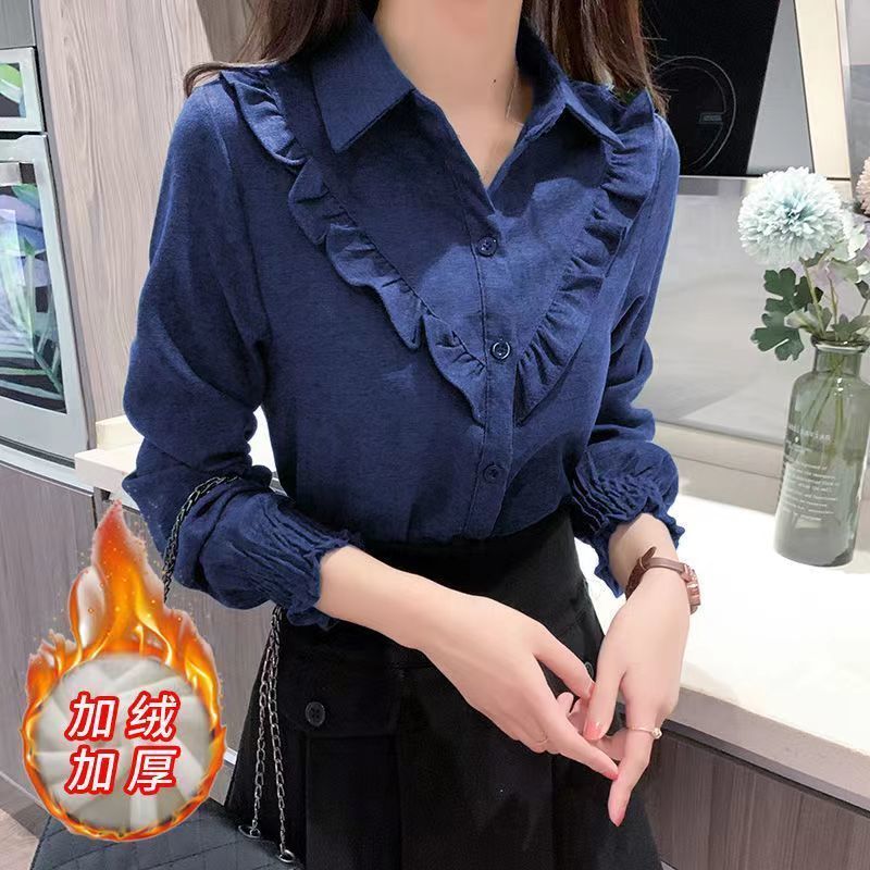 加绒加厚红色秋冬新款灯笼袖时尚长袖衬衫女宽松内搭衬衣外套保|undefined
