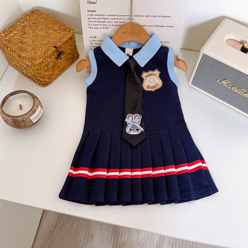 Girls' Preppy Style Pleated Dress Summer New Korean Style Pleated Vest Dress Comes with Tie Axa1058