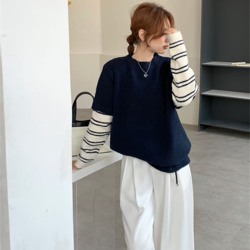 秋冬毛衣女2025新款日韩休闲设计感拼接假两件条纹袖子针织上衣潮|undefined