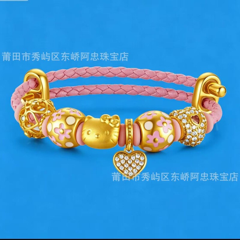 Gold Kt Cat Bracelet Pure Gold 999 Cat Head Bowknot Transfer Beads Leather Cord Gift for Valentine's Day for Girlfriend Wholesale Gold Kt Cat Bracelet Pure Gold 999 Cat Head Bowknot Transfer Beads Leather Cord Gift for Valentine's Day for Girlfriend Wholesale