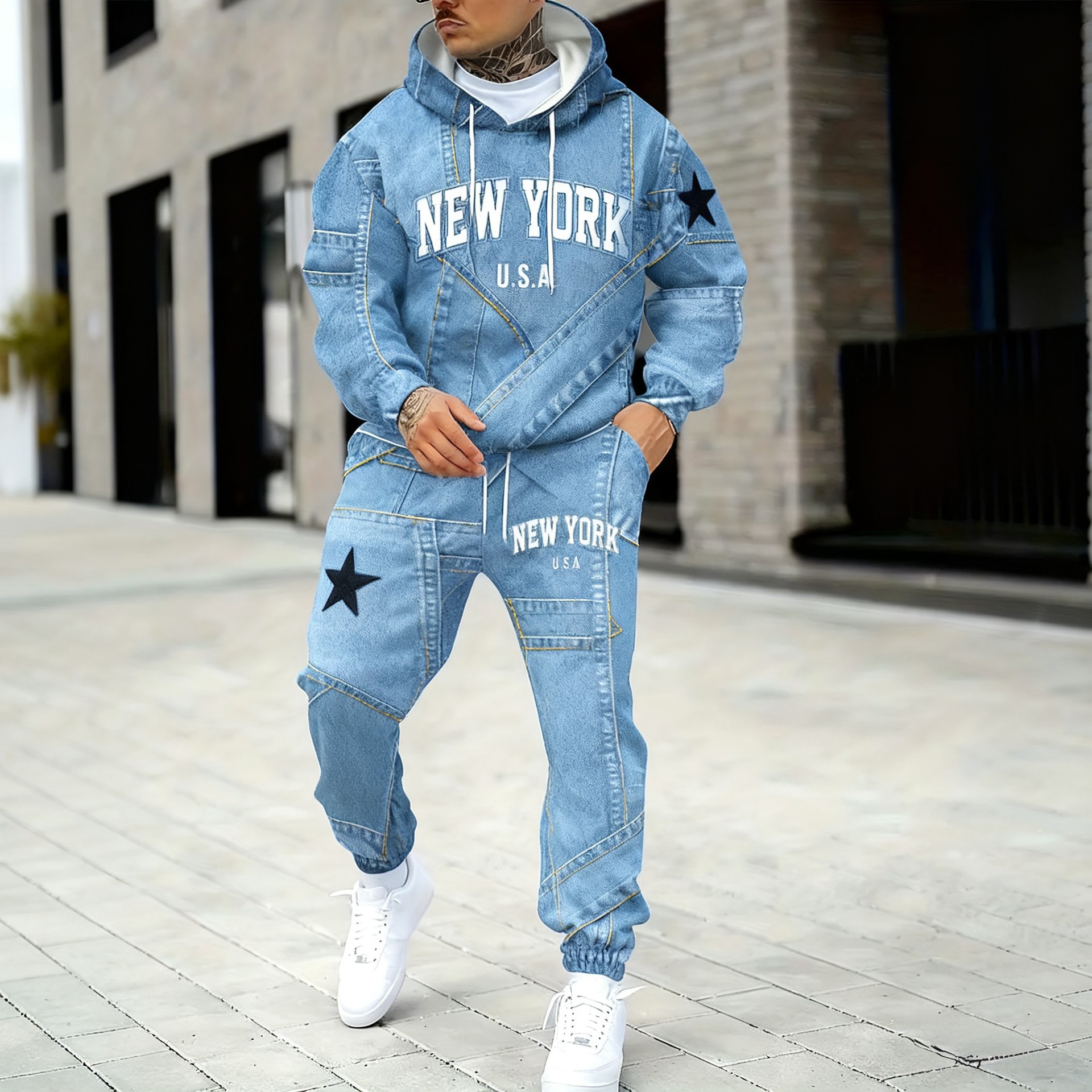 Ensemble sweat à capuche et jogging homme effet denim noir_voghion.com